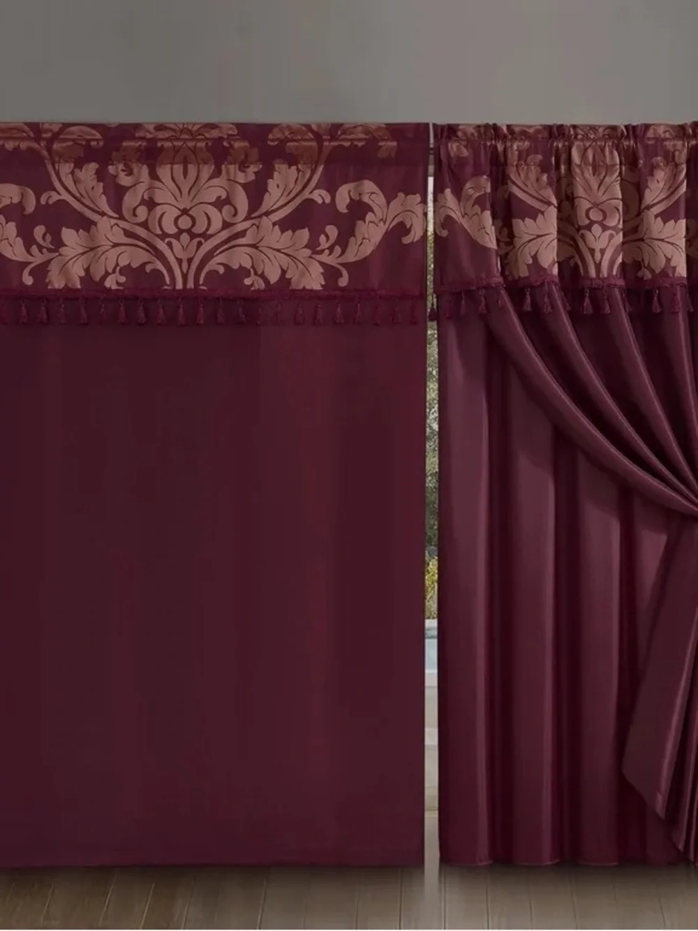 Elegant Damask Valance Blackout Curtain Panel in Burgundy